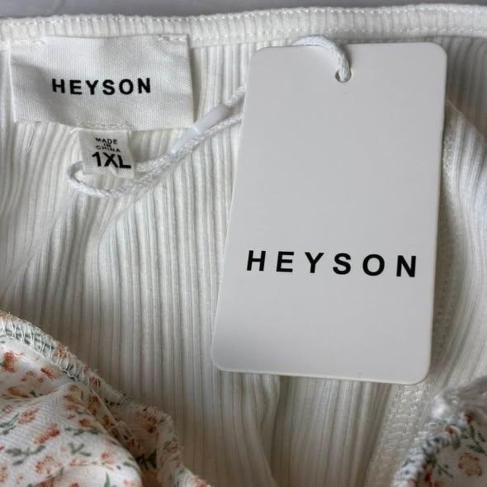 Heyson Floral Puff Sleeve Ribbed Bodysuit Cream Pink 1XL New NWT Cottagecore - Picture 9 of 12